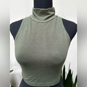 Sleeveless Turtleneck Knit Crop Top in Olive Green